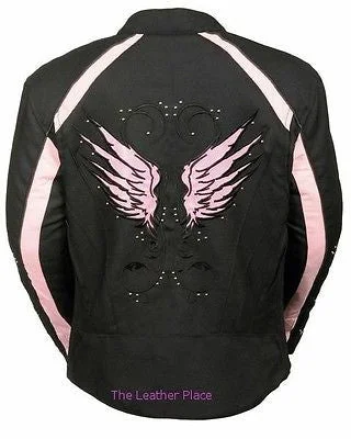 WOMEN'S MOTORCYCLE RIDING PINK TEXTILE JACKET W/ STUD & WINGS DETAILING Snapped Jacket Toggled Jacket Drawstring Jacket WOMEN'S MOTORCYCLE RIDING PINK TEXTILE JACKET W/ STUD & WINGS DETAILING Snapped Jacket Toggled Jacket Drawstring Jacket