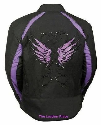 WOMEN'S MOTORCYCLE RIDING PURPLE TEXTILE JACKET W/ STUD & WINGS DETAILING Knit Fabric Woven Fabric Fleece Fabric WOMEN'S MOTORCYCLE RIDING PURPLE TEXTILE JACKET W/ STUD & WINGS DETAILING Knit Fabric Woven Fabric Fleece Fabric