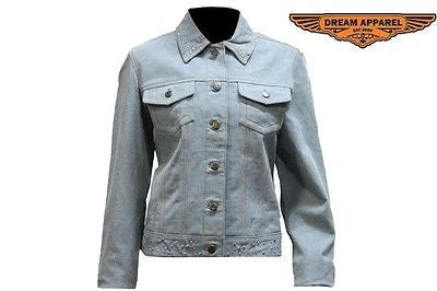 WOMEN'S RIDERS MOTORCYCLE JEAN JACKET WITH STONES DENIM LOOK GENUINE LEATHER Faux Fur Jacket Real Fur Jacket Shearling Jacket WOMEN'S RIDERS MOTORCYCLE JEAN JACKET WITH STONES DENIM LOOK GENUINE LEATHER Faux Fur Jacket Real Fur Jacket Shearling Jacket