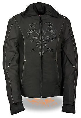 WOMEN'S RIDING BLK TEXTILE JACKET W/REFLECTIVE TRIBAL DETAIL W/REMOVABLE FLEECE Toggled Jacket Drawstring Jacket Belted Jacket WOMEN'S RIDING BLK TEXTILE JACKET W/REFLECTIVE TRIBAL DETAIL W/REMOVABLE FLEECE Toggled Jacket Drawstring Jacket Belted Jacket