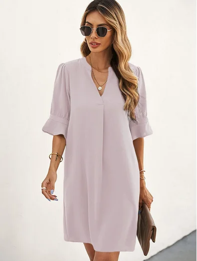chiffon solid color loose short sleeve knee-length skirt linen skirt light