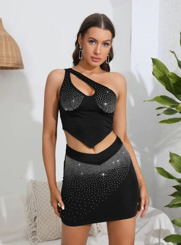 HOT DRILLING ONE-SHOULDER SKIRT TWO-PIECE SUIT midi skirt versatile