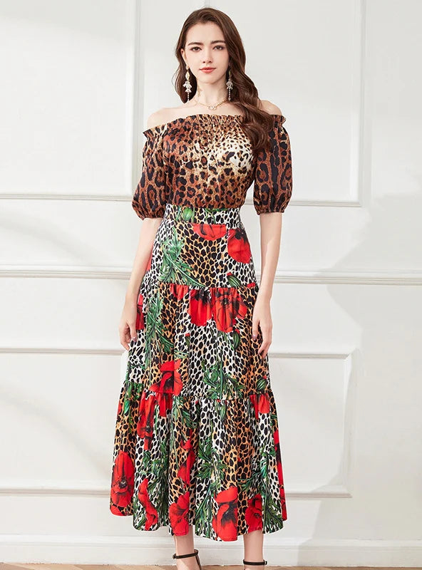 LEOPARD PRINT SHORT-SLEEVED SHIRT+FLOWER SKIRT SUIT linen skirt breathable
