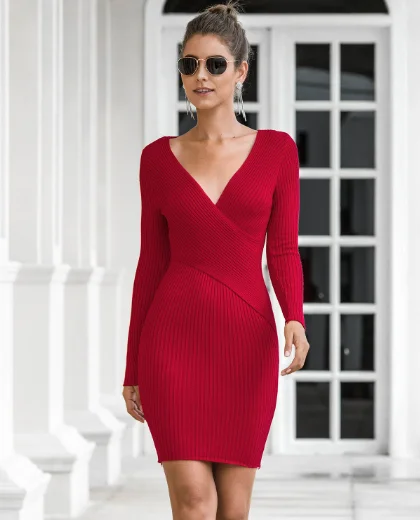 long sexy V-neck hip knitted sweater skirt velvet skirt rich