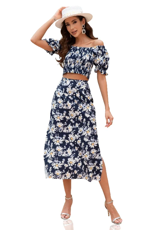 Women Floral Short Sleeve Crop Top and Long Skirt 2 Piece Set-Floral Print lightweight skirt design Women Floral Short Sleeve Crop Top and Long Skirt 2 Piece Set-Floral Print lightweight skirt design