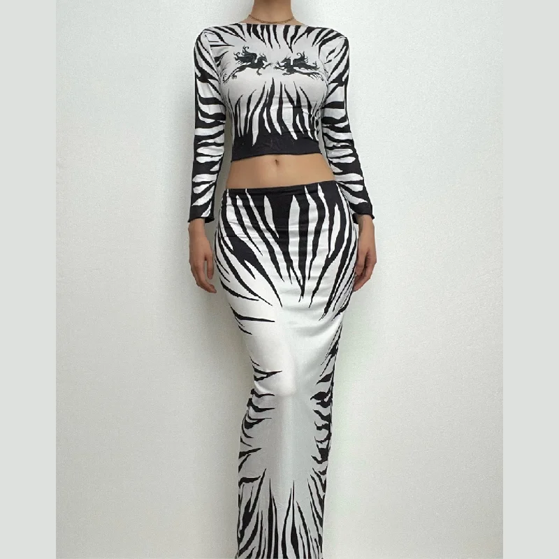 Abstract long sleeve contrast backless self tie maxi skirt set silk skirt elegant