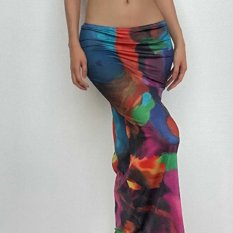 Abstract print low rise contrast maxi skirt silk skirt luxurious