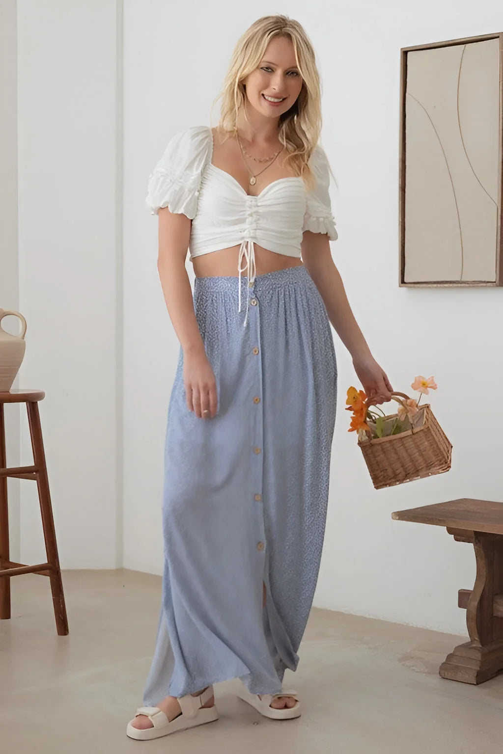BOHO FRONT BUTTON FLORAL MAXI SKIRT corduroy skirt durable
