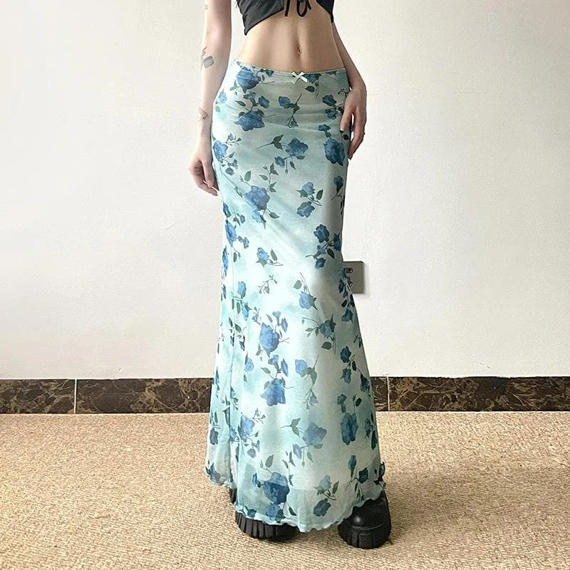 Bowknot mesh ruffle print plaid maxi skirt denim skirt trendy
