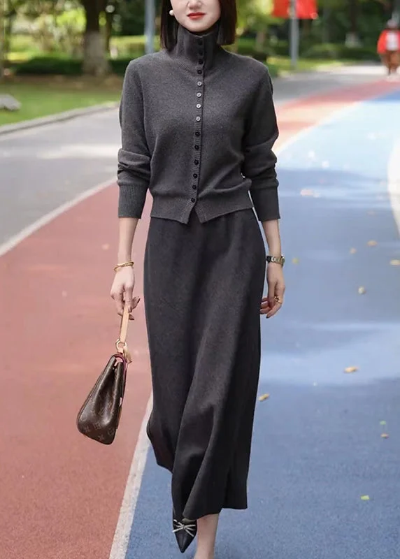 Casual Dark Grey Stand Collar Cotton Knit Cardigans And Maxi Skirts Two Piece Set Winter relaxed fit skirt