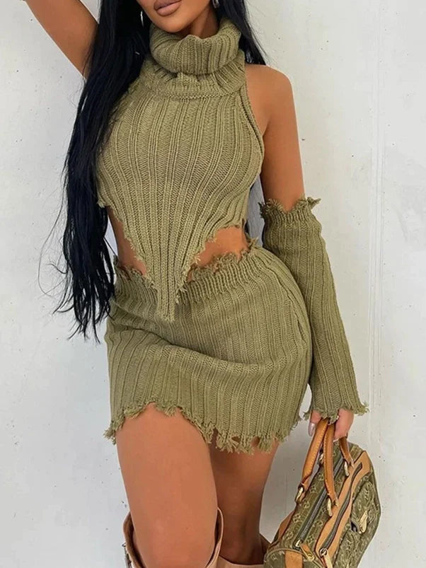 Unconventional Sweater Sets Women's Sets Long Sleeve Sexy Knitted Top+ Skirt Set 3 piece sets ruffled skirt detail