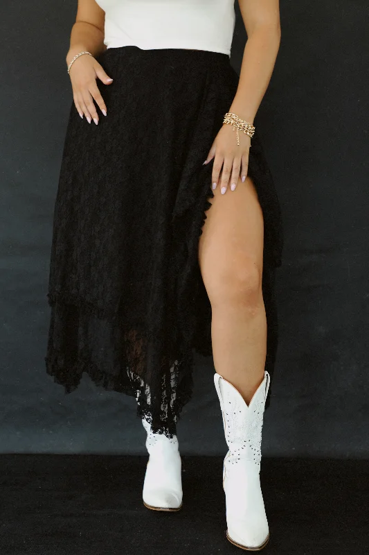 Country Roots Lace Midi Skirt: Black velvet skirt plush