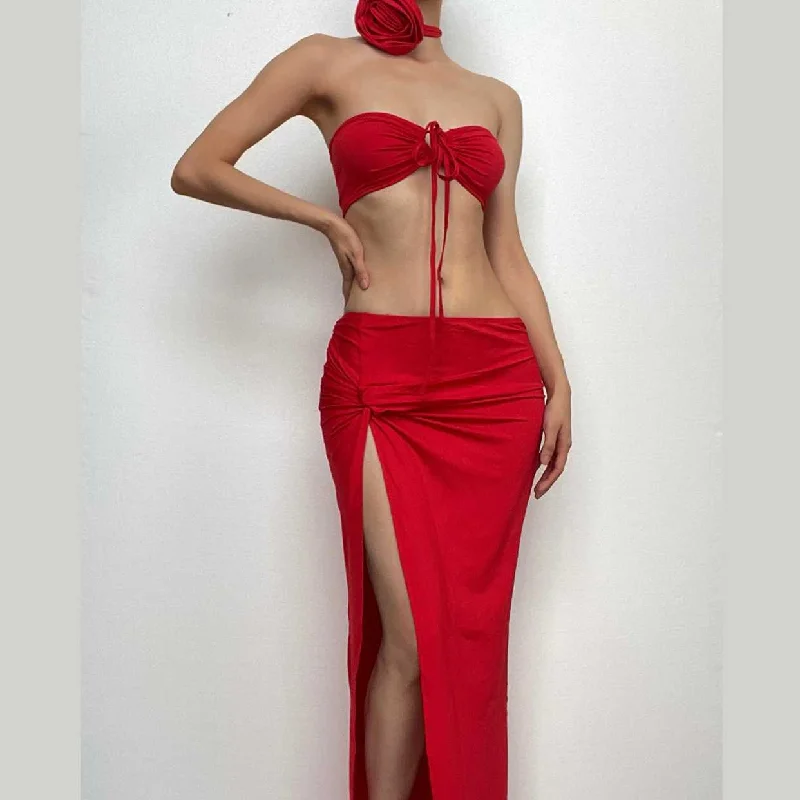 Cross front halter flower applique slit knotted maxi skirt set corduroy skirt durable