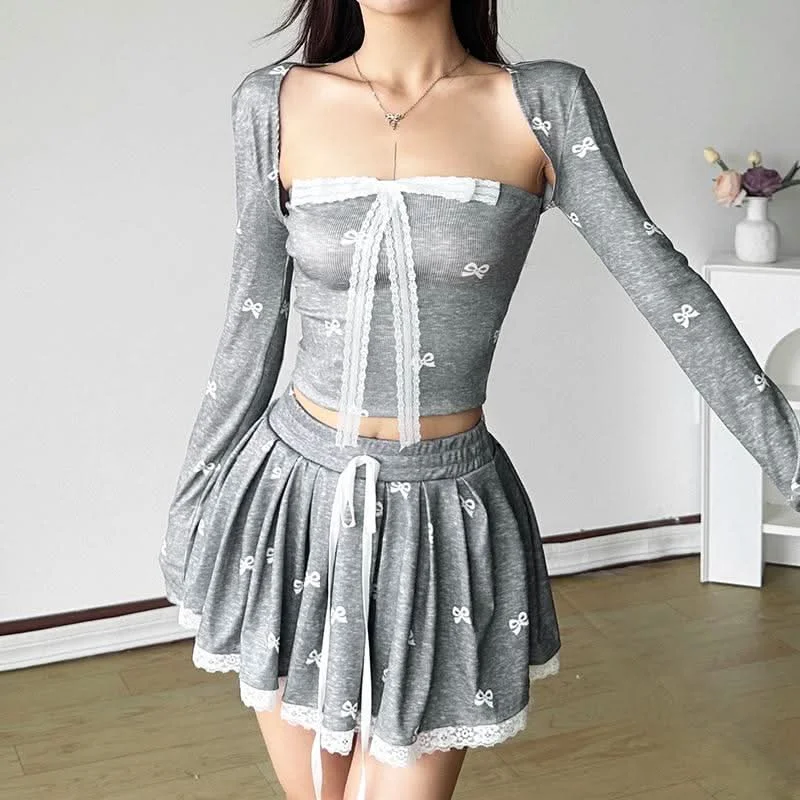 Drawstring lace hem bowknot print A line mini skirt tulle skirt dreamy