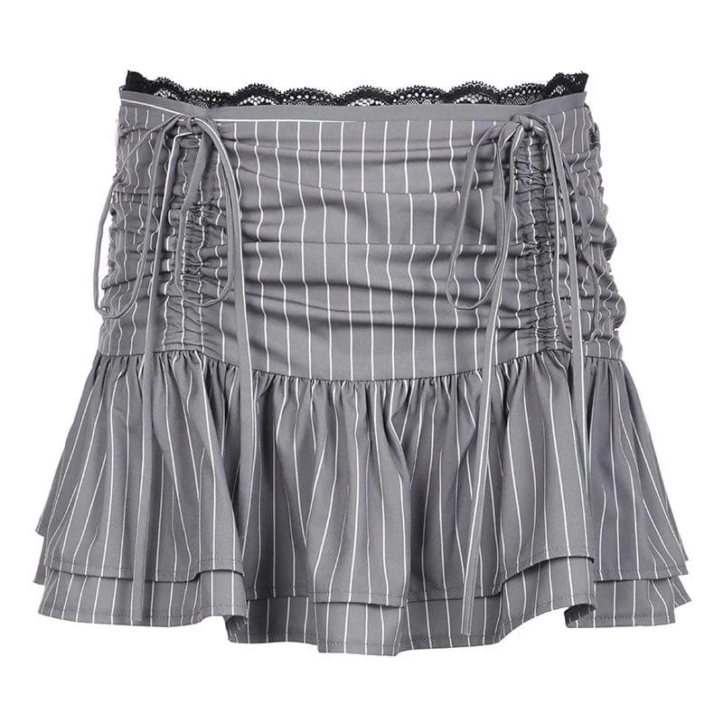Drawstring ruched lace hem striped mini skirt chiffon skirt airy