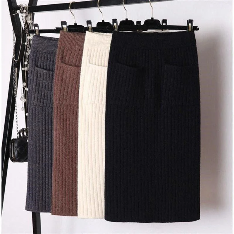 Elegant Ribbed Knitted Pencil Midi Sweater Skirt tulle skirt dreamy