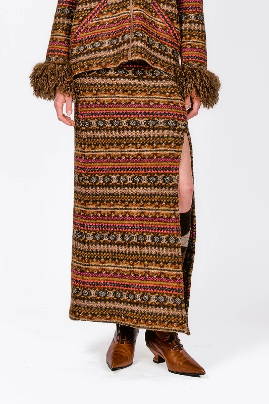 Fair Isle Fleece Maxi Skirt with Slit linen skirt airy