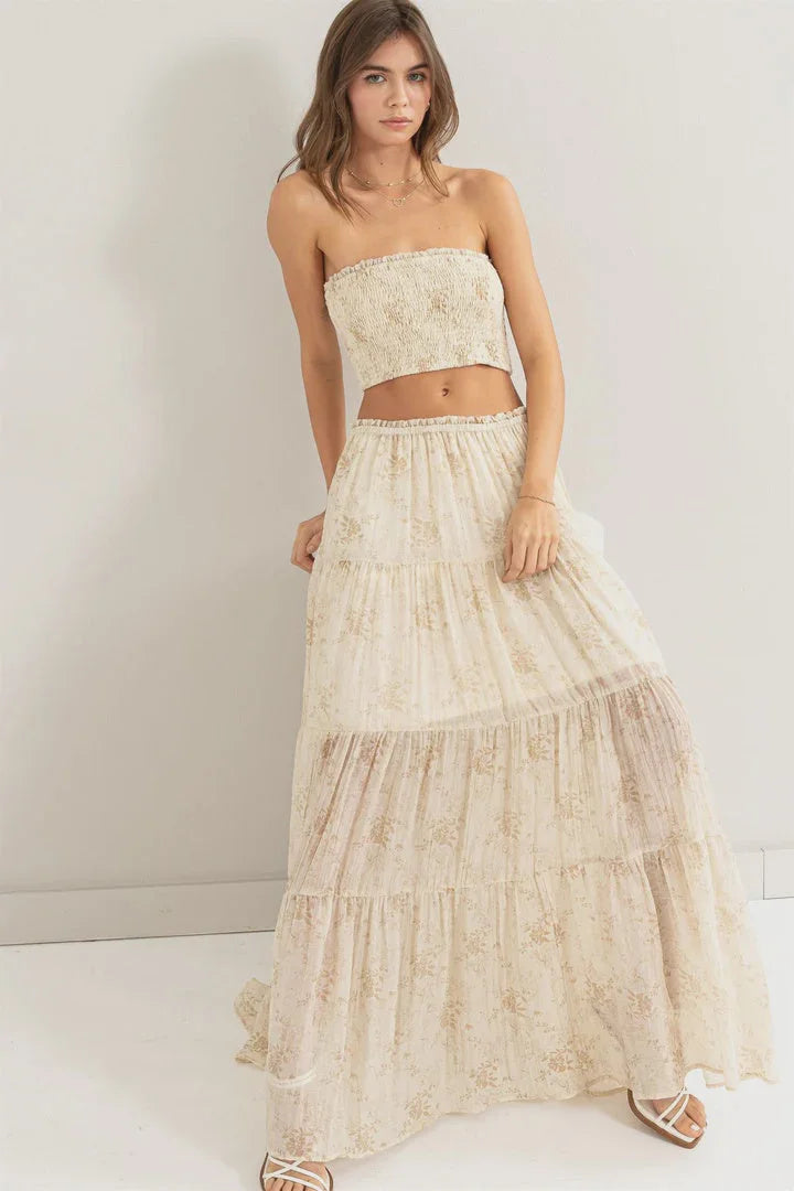 FLORAL TUBE TOP AND MAXI SKIRT elastic waist skirt