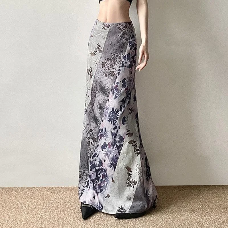 Flower print contrast maxi skirt wool skirt warm