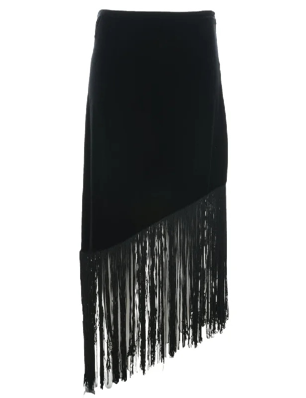 Fringed Velvet Black Midi Skirt - M leather skirt sleek