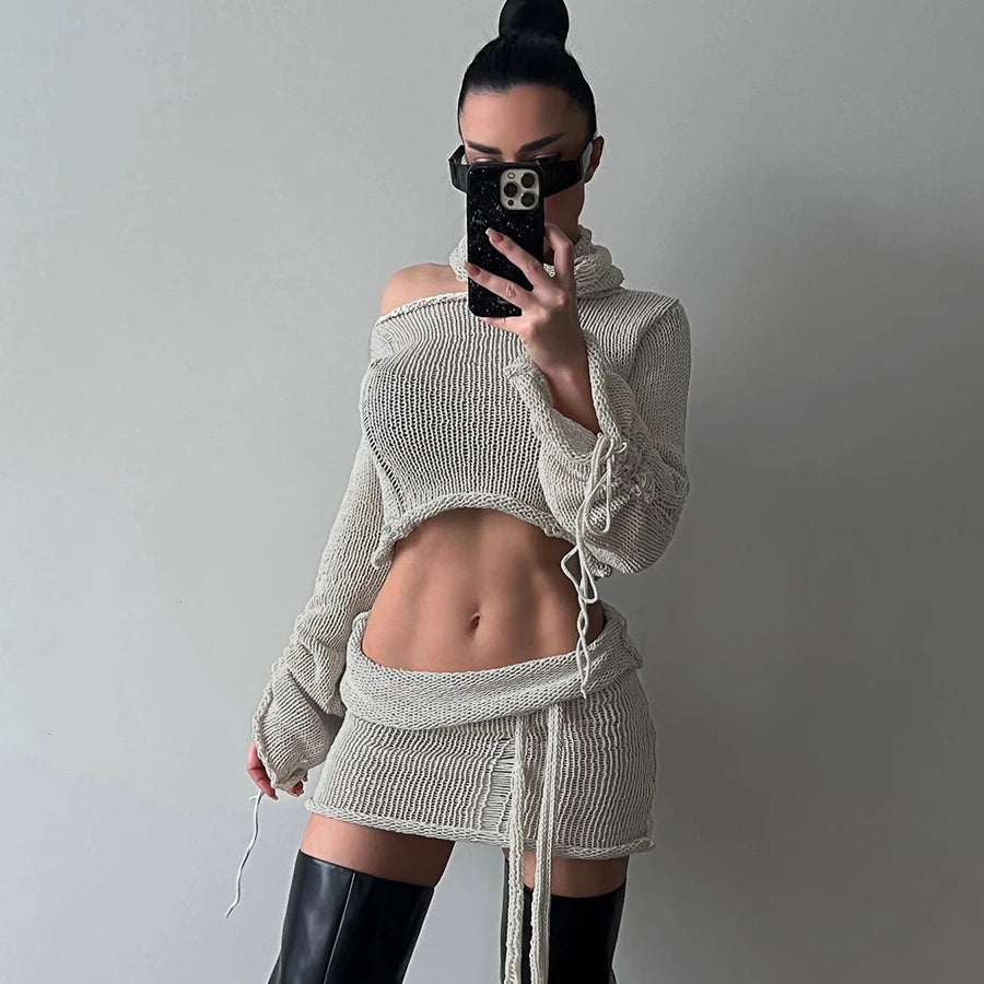 Lady Scarf+Sweater+Hip Skirt Autumn Women 2 Piece Skirt Set Short Casual Knitted Sweater Women's Set velvet skirt sumptuous