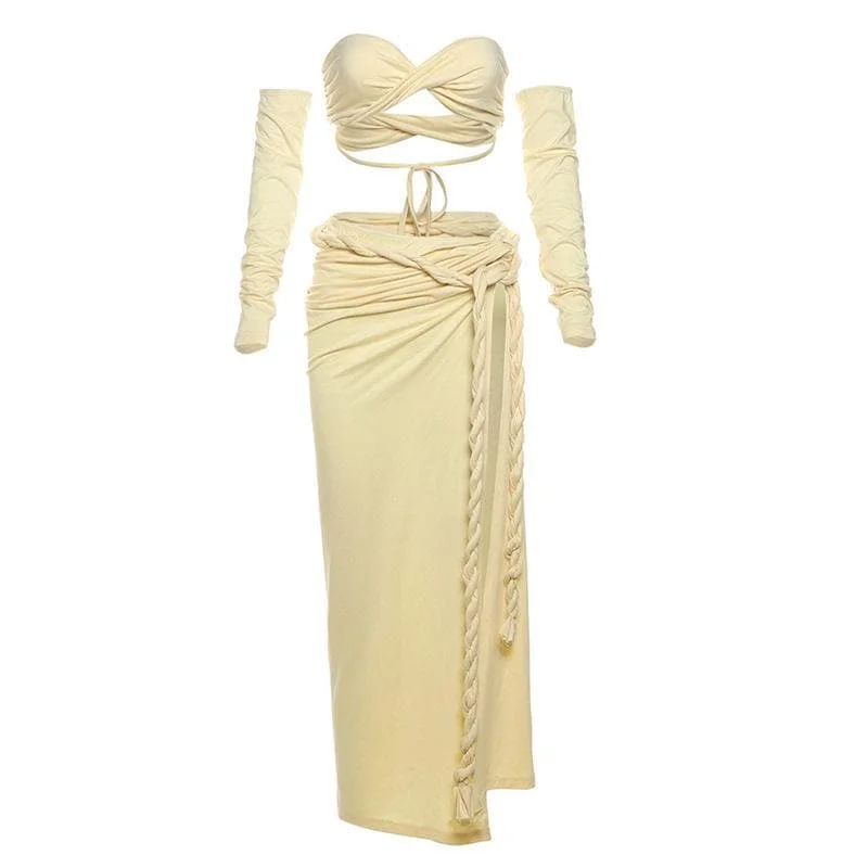 Gloves one shoulder high slit self tie maxi skirt set patchwork skirt art