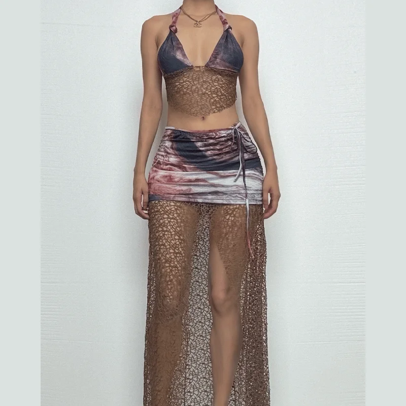 Halter fishnet tie dye hollow out high slit maxi skirt set cashmere skirt soft
