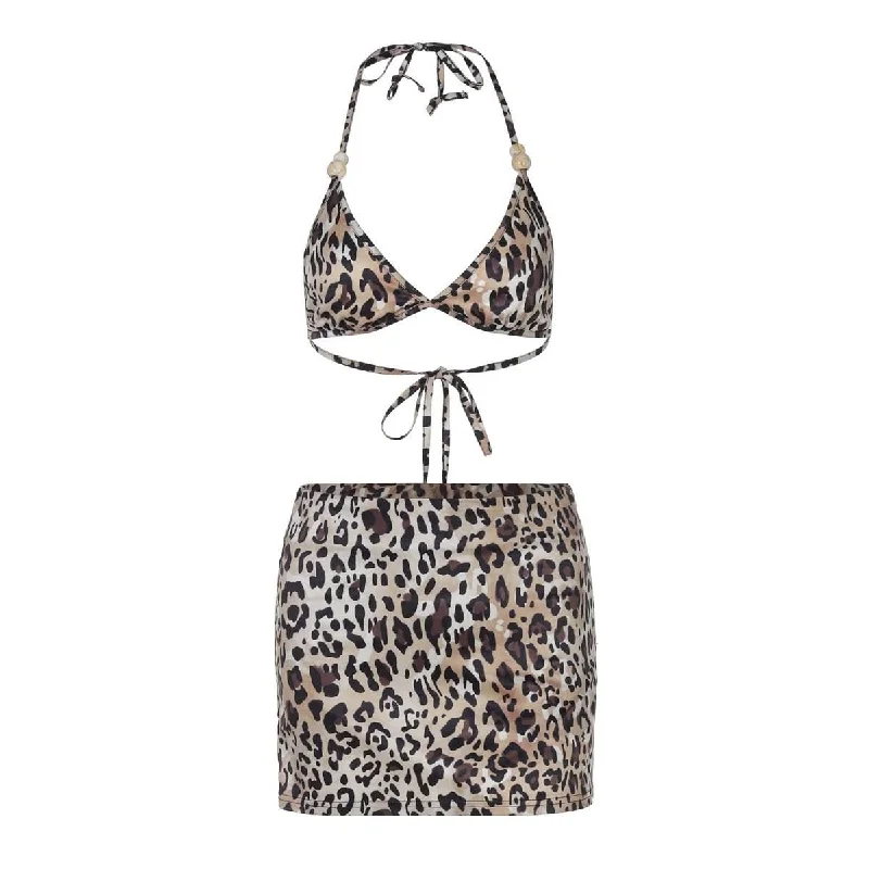 Halter self tie leopard print v neck mini skirt set corduroy skirt durable