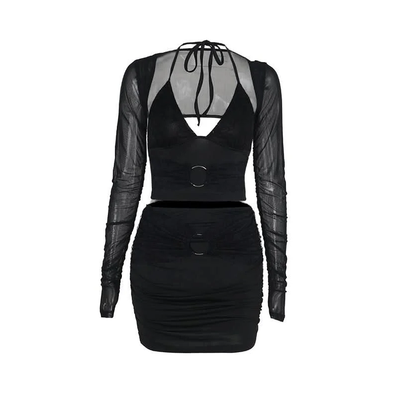 Halter v neck o ring shrug 3 piece mini skirt set leather skirt bold