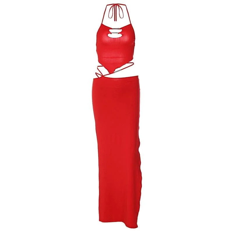 Hollow out metal tag halter self tie backless slit maxi skirt set modal blend skirt
