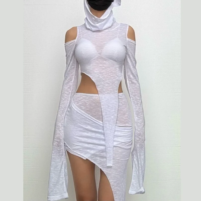 Hoodie irregular solid off shoulder long sleeve mini skirt set casual skirt length