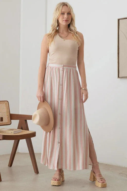 BOHO FRONT BUTTON STRIPE MAXI SKIRT silk skirt luxurious