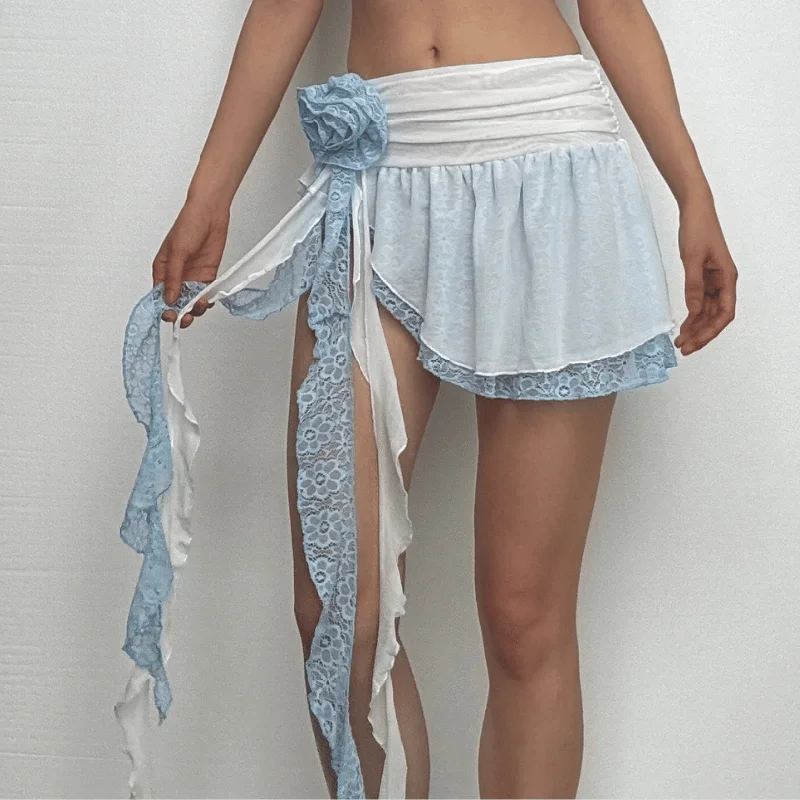 Irregular ruffle rose applique lace A line mini skirt silk skirt lustrous