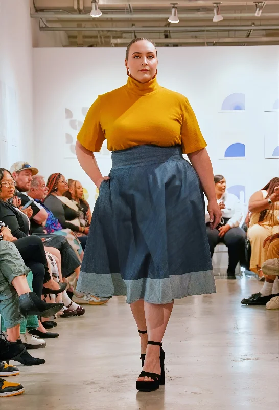 High Waist Denim Swing Skirt w Hem Detail- JIBRI silk skirt lustrous