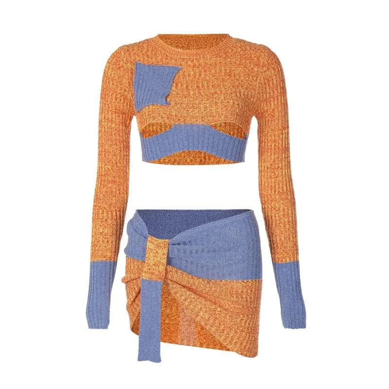 Knitted patchwork contrast long sleeve hollow out mini skirt set satin skirt smooth