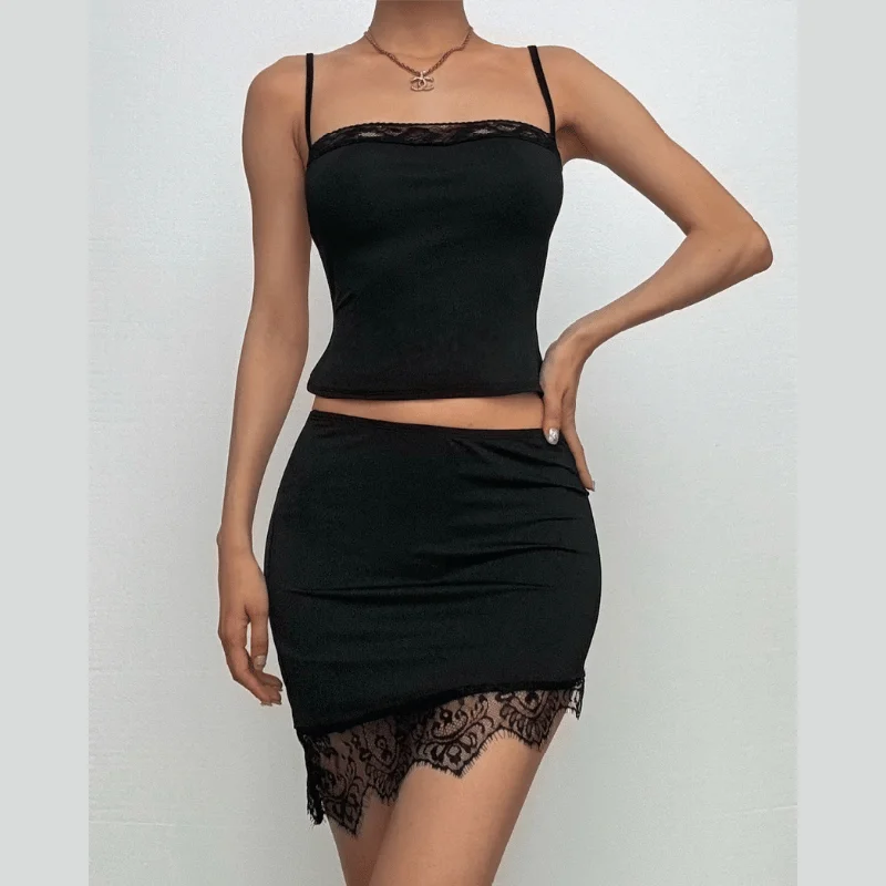 Lace hem backless irregular solid cami mini skirt set cashmere skirt fine