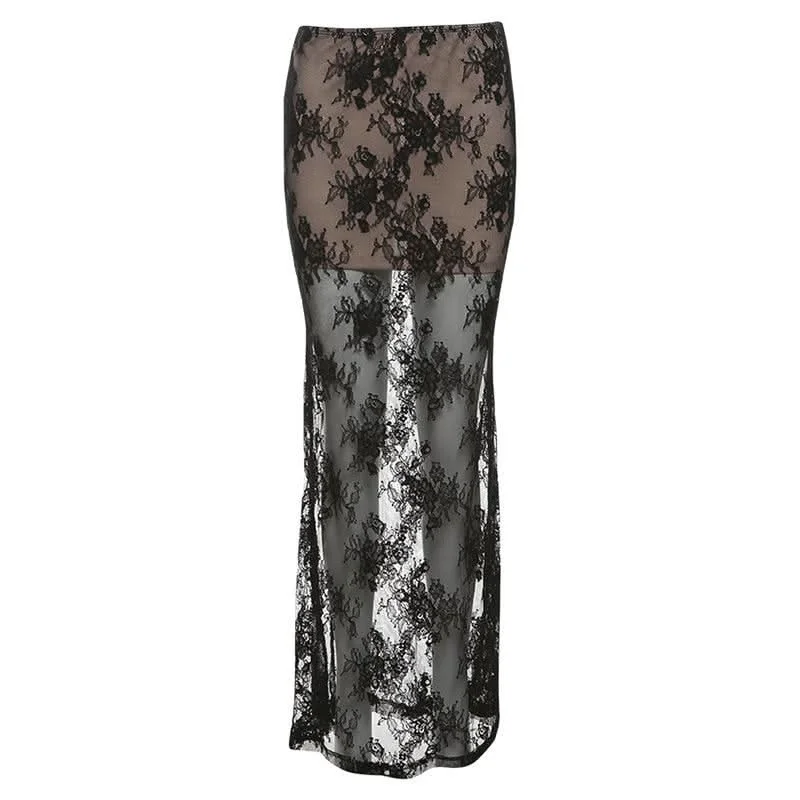 Lace mesh patchwork maxi skirt tiered skirt playful