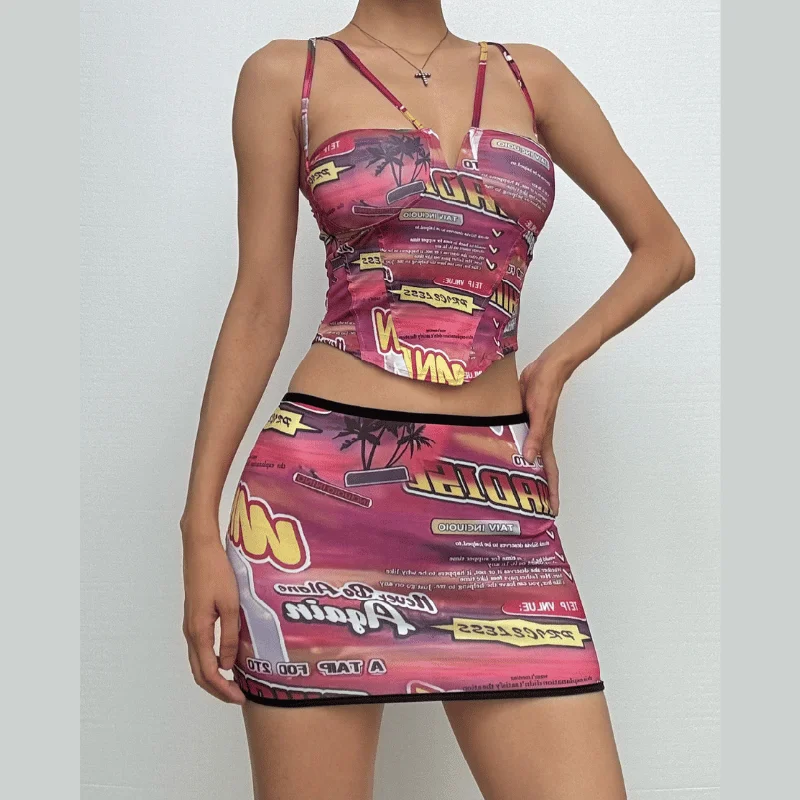 Letter print padded notch neck corset cami mini skirt set linen skirt airy