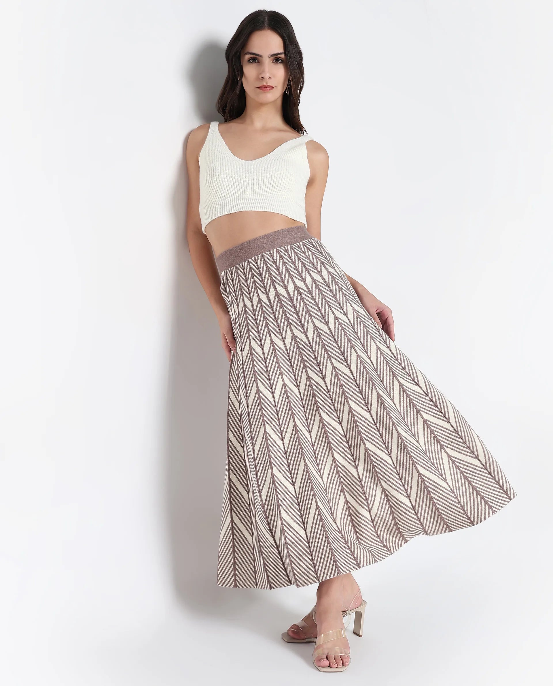 Rareism Women Lida Beige Relaxed Fit Printed Skirt denim skirt fashionable