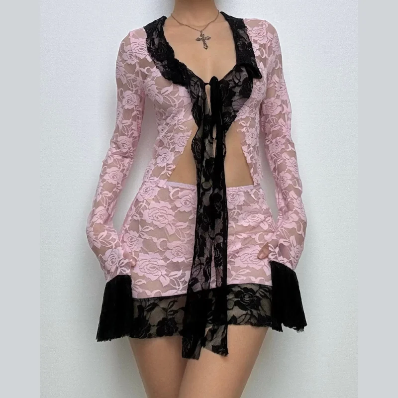 Long flared sleeve contrast lace knotted mini skirt set zip skirt side