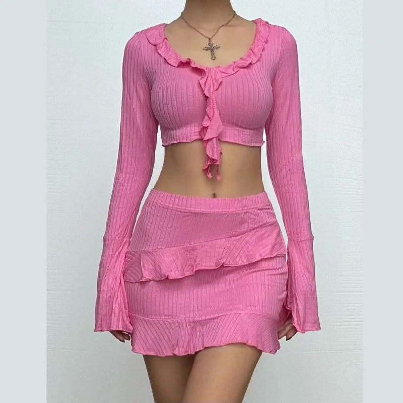 Long flared sleeve v neck ruffle slit mini skirt set vintage skirt charm