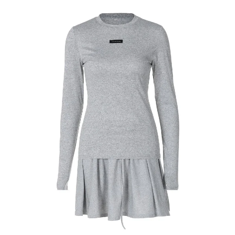 Long sleeve crewneck solid mini skirt set ruffled skirt detail