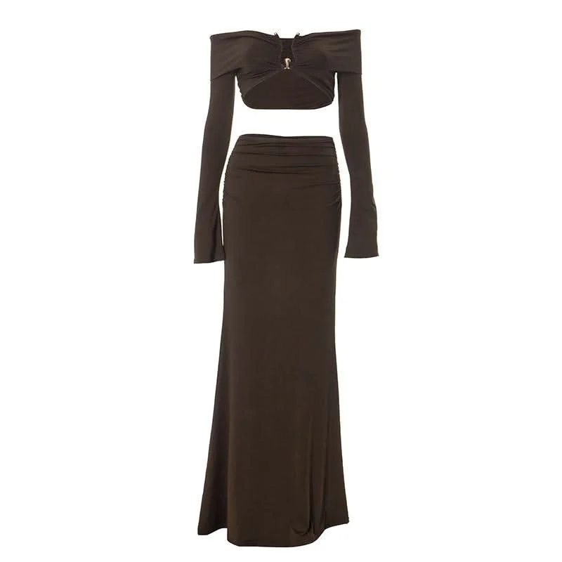Long sleeve off shoulder metal applique slit ruched maxi skirt set ribbed skirt waist