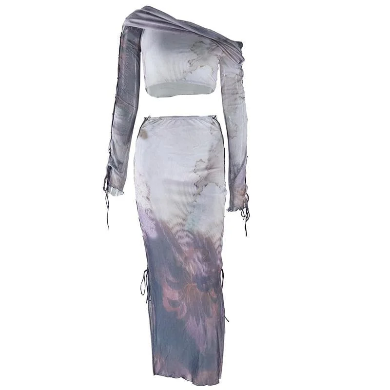 Long sleeve one shoulder lace up print ruched midi skirt set boho skirt vibe