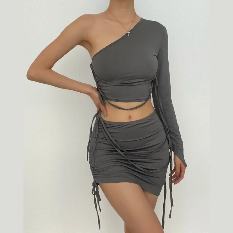Long sleeve solid drawstring ruched one shoulder crop top skirt set cashmere skirt fine