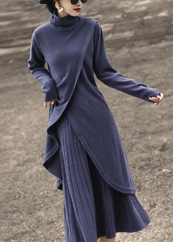 New Blue Turtleneck Tops And Skirts Wool Knit Two-Piece Set Winter leather skirt modern