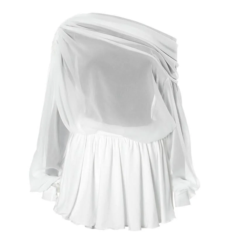 One shoulder long sleeve chiffon ruched mini skirt set modal blend skirt