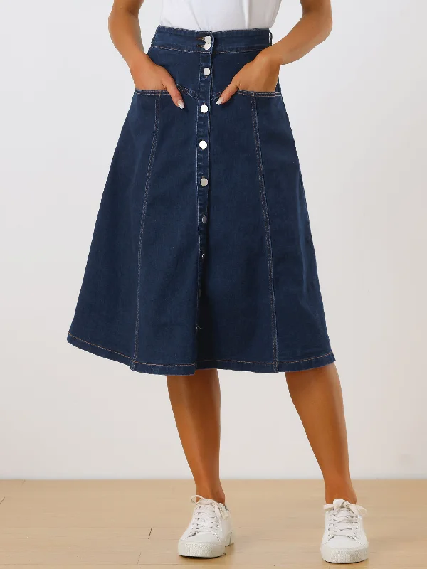 Stretchy High Waist Buttons Front A-Line Flowy Pockets Midi Skirt linen skirt natural