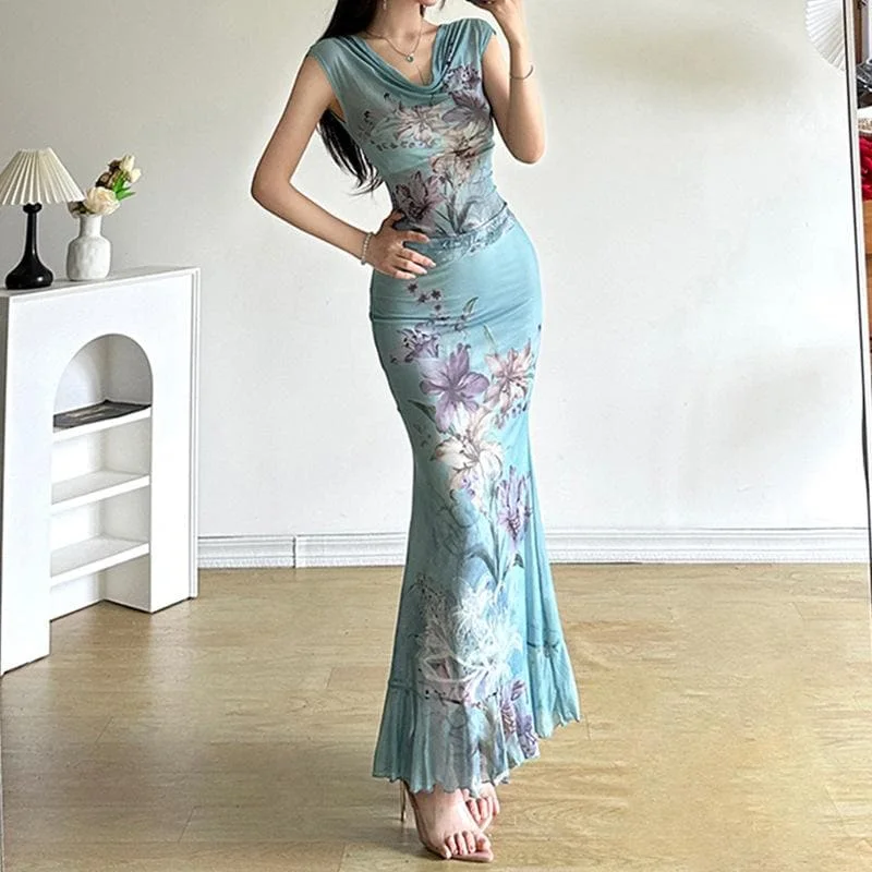 Ruched ruffle cowl neck  flower print mesh maxi skirt set chiffon skirt delicate