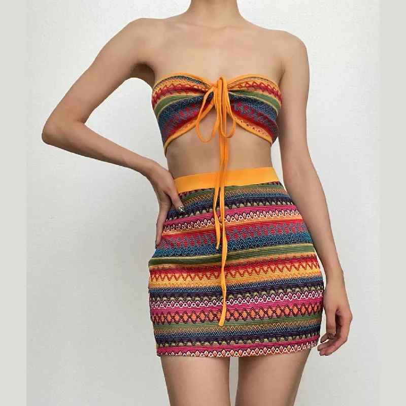 Self tie halter backless contrast print textured mini skirt set pencil skirt chic
